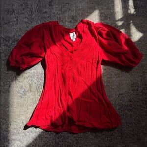 Anthropologie Red V-Neck Puff Sleeve Knit Top